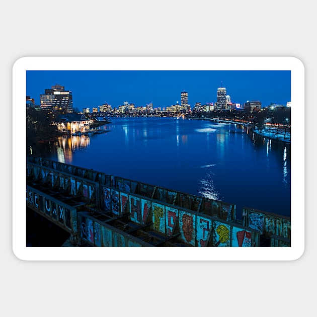 Boston MA Charles River at Dusk Dewolfe Boathouse Boston Skyline Sticker by WayneOxfordPh